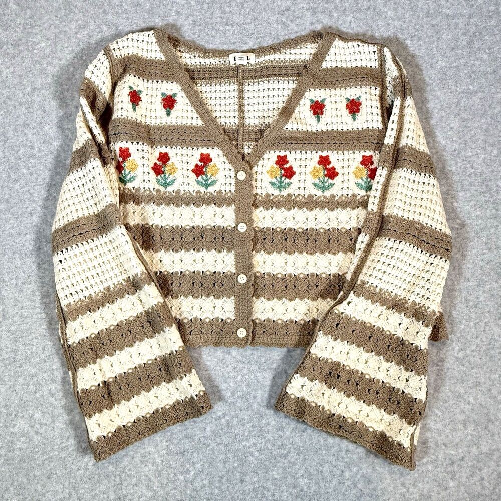 POL Crochet Cardigan Sweater Striped Floral Embroidered OS Cottage Boho NEW